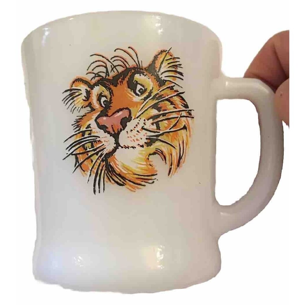 Anchor Hocking Fire King TIGER Coffee Tea Mug Cup Milk Glass ESSO EXXON Vintage